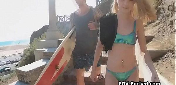  Surfer wannabe blonde ends up on hard cock instead